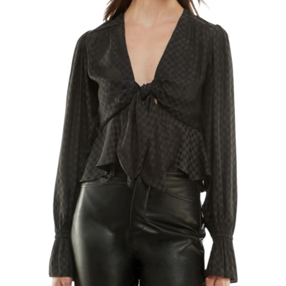 Wayf X Jourdan Sloane shirt Kamryn Check Tie Front Blouse Black Checker S top